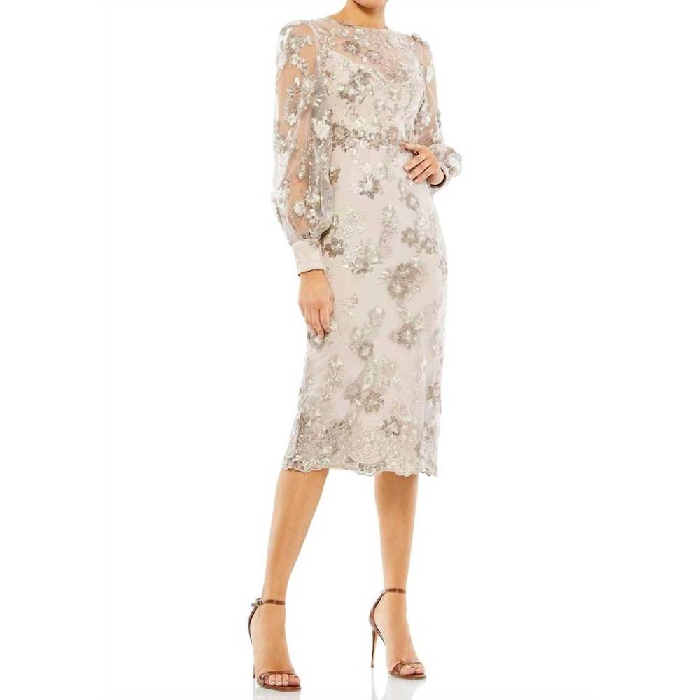 NEW MAC DUGGAL embellished high neck illusion long sleeve midi dress in mocha - Picture 1 of 6